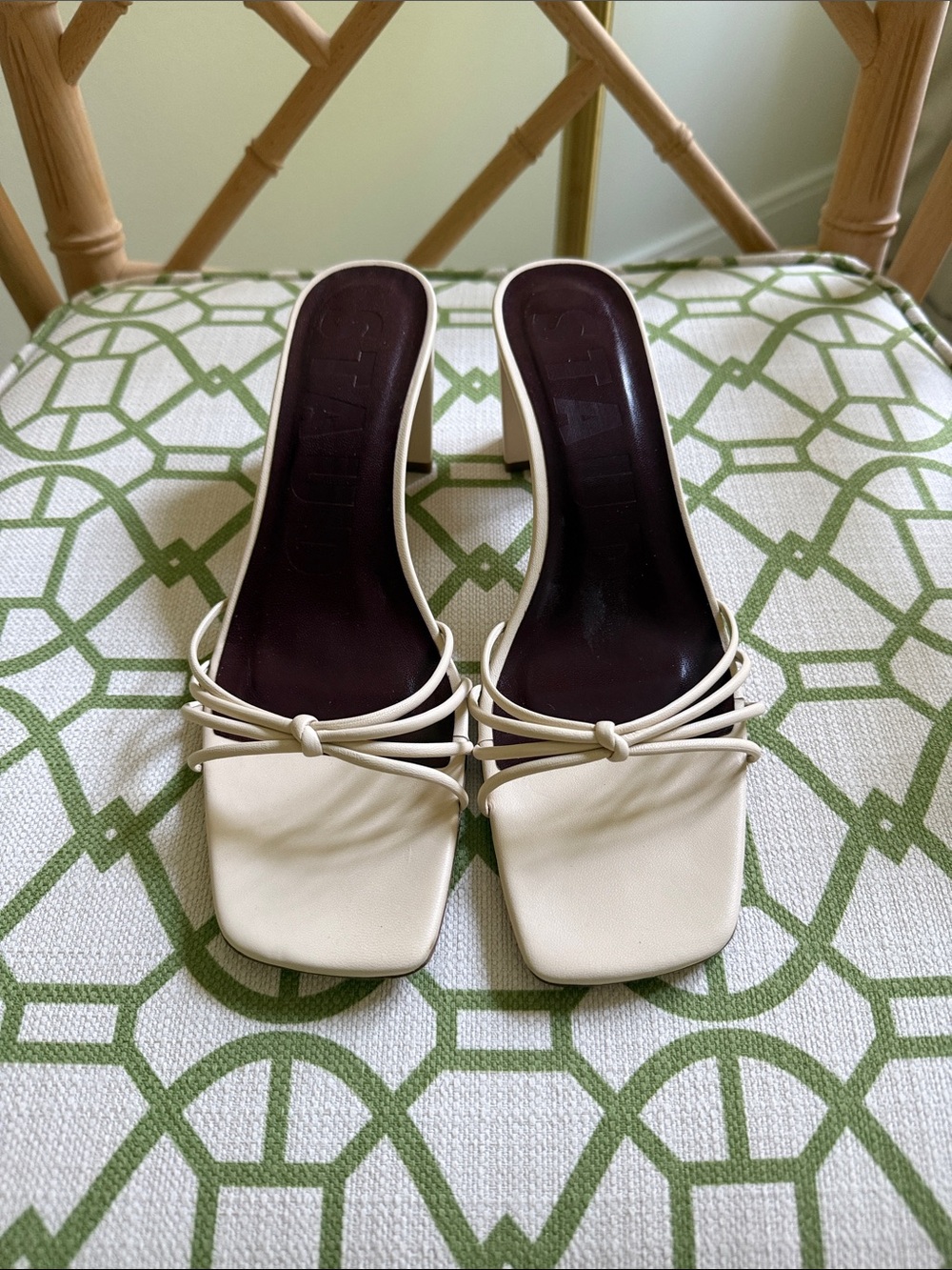 STAUD Cream Strappy Square-Toe Mules